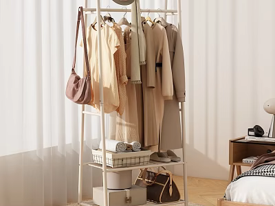 Stylish Clothing Rack with Hanging Clothes Bags and Storage Baskets in Bedroom 3d model