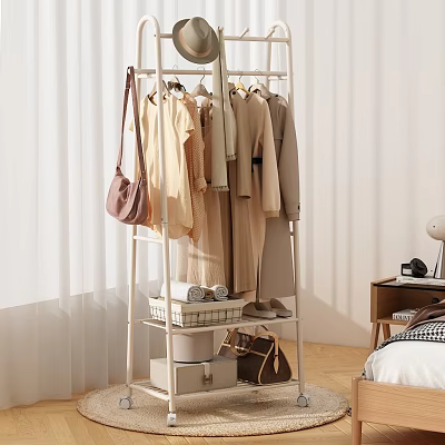 Stylish Clothing Rack with Hanging Clothes Bags and Storage Baskets in Bedroom 3d model