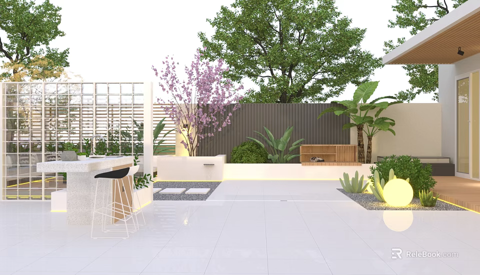 Modern Garden Landscape Design With Paved Patio Purple Tree Green Shrubs And Bar 3d model 