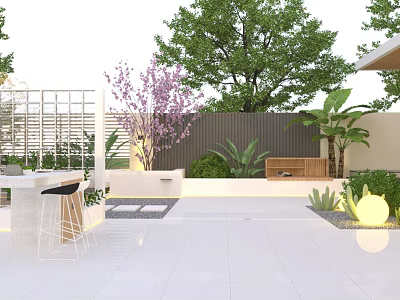 Modern Garden Landscape Design With Paved Patio Purple Tree Green Shrubs And Bar 3d model