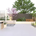 Modern Garden Landscape Design With Paved Patio Purple Tree Green Shrubs And Bar