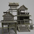 Traditional Ancient Architecture With Wooden Structure Elevated Platforms Staircases And Traditional Roofs