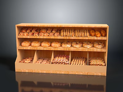 Wooden Display Shelf Filled With Fresh Bread Pastries And Cookies 3d model