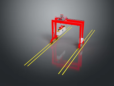 Red Industrial Gantry Crane Structure On Yellow Tracks With Mobile Frame 3d model