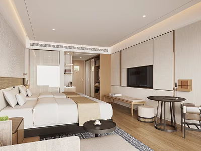 Modern Hotel Room Interior With King Bed Flat Screen TV And Wooden Furniture 3d model