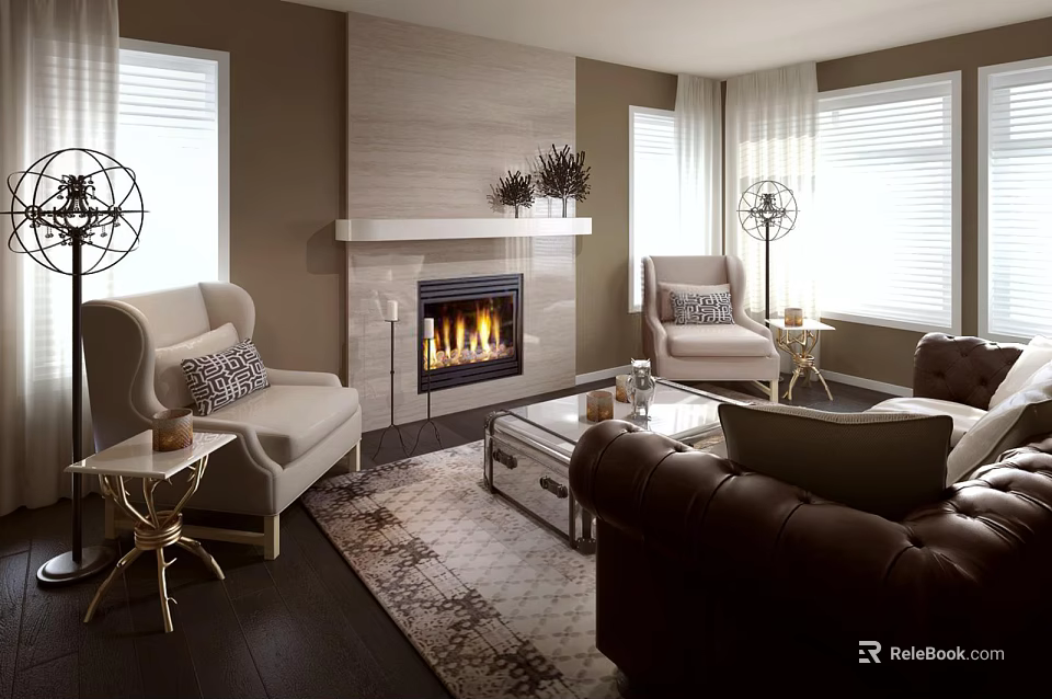 Cozy Living Room Interior With Fireplace Beige Brown Sofas Large Windows And Decorative Lamps 3d model 