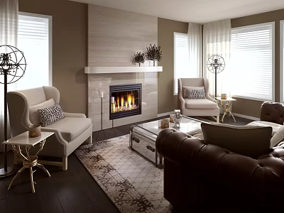 Cozy Living Room Interior With Fireplace Beige Brown Sofas Large Windows And Decorative Lamps 3d model