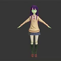 3D Anime Game Character With Blue Black Long Hair Yellow Sweater And Blue Pleated Skirt
