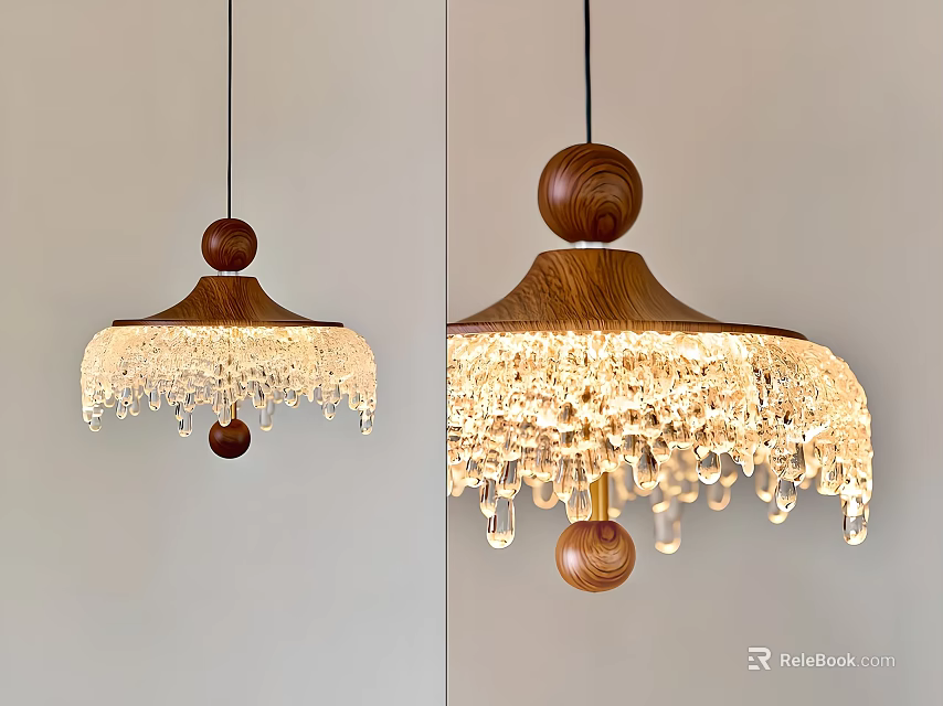Modern Wooden Crystal Chandelier With Hanging Crystal Drops And Dome Design 3d model 