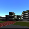 Modern School Buildings With Green Roofs Sports Field And River Surrounded By Trees