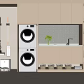 Modern Laundry Room White Storage Cabinets With Washing Machine Dryer Potted Plant And LED Lighting
