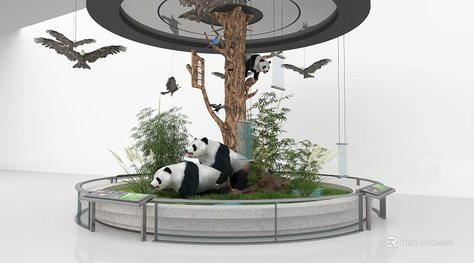 Lifelike Panda Sculptures With Tree Birds And Green Plants On Circular Display Platform 3d model 