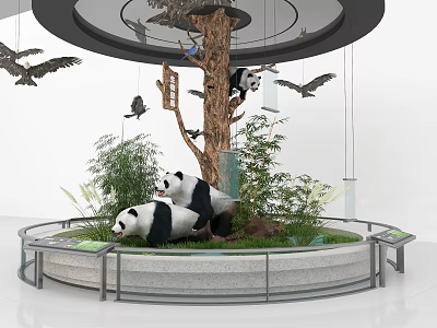 Lifelike Panda Sculptures With Tree Birds And Green Plants On Circular Display Platform 3d model