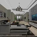 Modern Living And Dining Room With White Sofa Chandelier TV Decorative Paintings And Dining Set