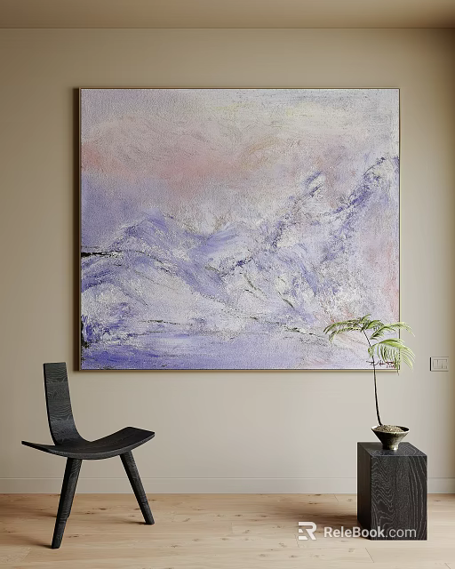 Large Abstract Landscape Oil Painting On Wall With Chair And Plant 3d model 