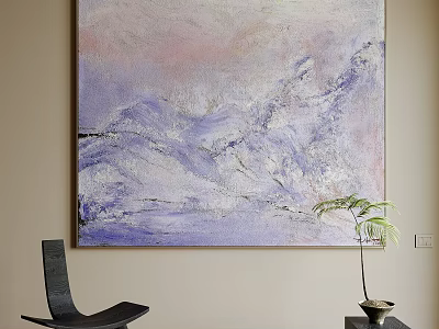 Large Abstract Landscape Oil Painting On Wall With Chair And Plant 3d model