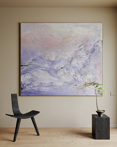 Large Abstract Landscape Oil Painting On Wall With Chair And Plant 3d model