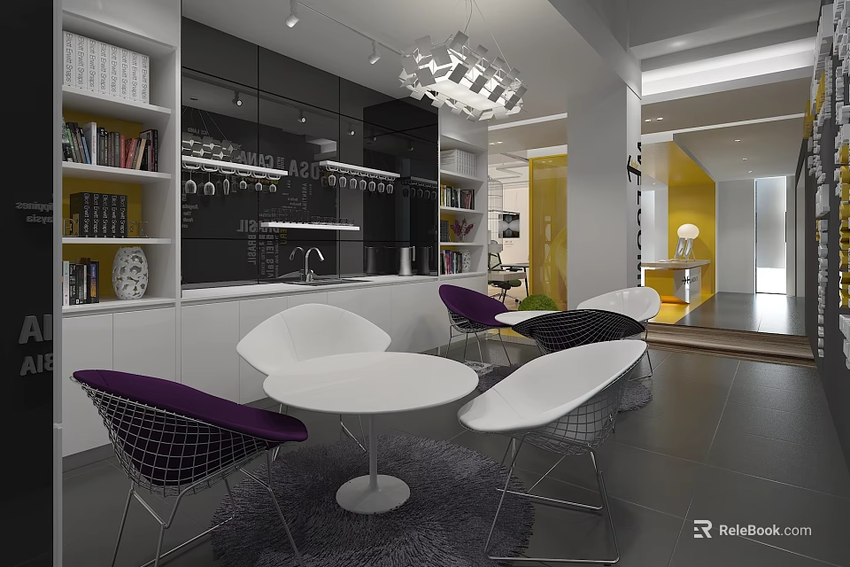Modern Pantry Interior With White Tables Purple And White Chairs Bookshelves Gray Flooring And Chandelier 3d model 