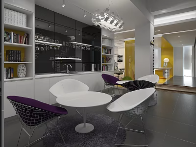 Modern Pantry Interior With White Tables Purple And White Chairs Bookshelves Gray Flooring And Chandelier 3d model