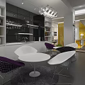Modern Pantry Interior With White Tables Purple And White Chairs Bookshelves Gray Flooring And Chandelier