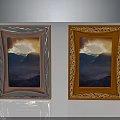 Brown and Orange Decorative Picture Frames With Landscape Paintings Mountains Cloudy Sky