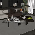 Modern Marble Coffee Table In Living Room With Leather Sofa Indoor Plant Books And Fruits