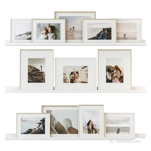 Minimalist Photo Frames With Scenery And People Photos On Shelf 3d model 