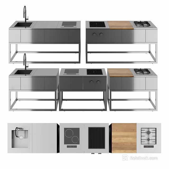 Modern Stainless Steel Kitchen Appliances With Stove Sink And Cabinets 3d model 