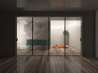 Modern Interior Space Featuring Glass Doors Wooden Floor Blue Table And Green Plant 3d model