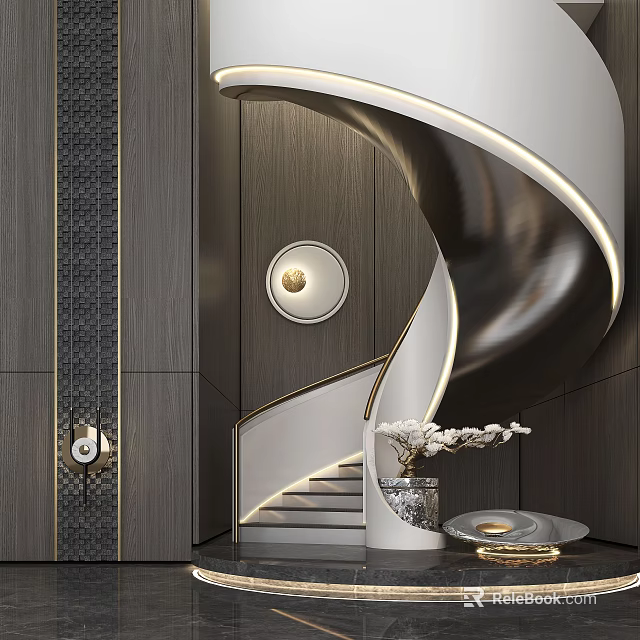 Modern Spiral Staircase Interior Design With White Black Structure Circular Light And Flower Arrangement 3d model 