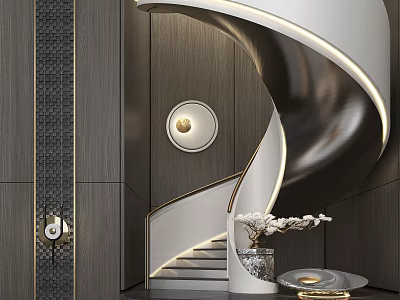 Modern Spiral Staircase Interior Design With White Black Structure Circular Light And Flower Arrangement 3d model