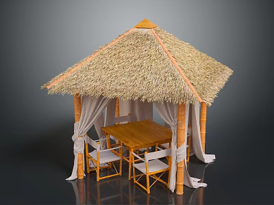 Thatch Roof Pavilion With Wooden Table Chairs And White Curtains 3d model
