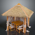 Thatch Roof Pavilion With Wooden Table Chairs And White Curtains