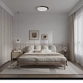Minimalist Modern Bedroom With Beige Large Bed Wardrobe Wall Art Pendant Light Curtains And Rug