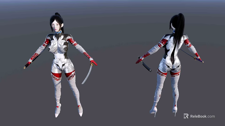 Game Movie Character With White Red Armored Outfit Long Hair And Sword 3d model 