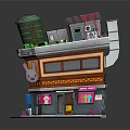 Multi Storey Urban Building With Green Water Tank Roof Structure And Colorful Storefront Windows