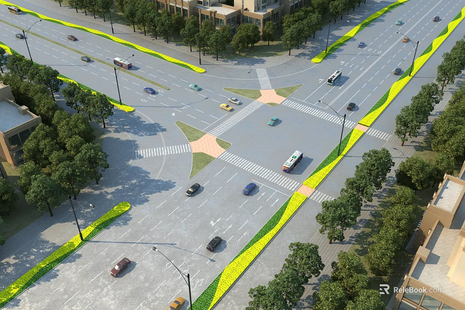 Municipal Road Intersection With Vehicles Driving Green Belts Trees Street Lamps And Surrounding Buildings 3d model 