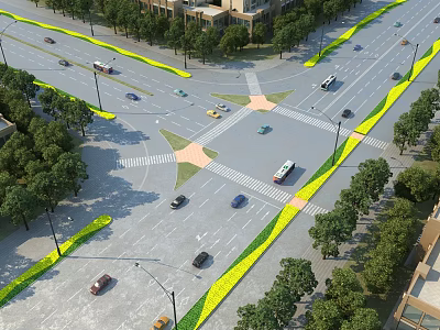 Municipal Road Intersection With Vehicles Driving Green Belts Trees Street Lamps And Surrounding Buildings 3d model