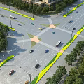 Municipal Road Intersection With Vehicles Driving Green Belts Trees Street Lamps And Surrounding Buildings