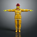 Firefighter In Yellow Fire Suit With Red Helmet And Yellow Gloves Arms Outstretched Dark Background