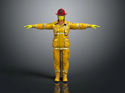 Firefighter In Yellow Fire Suit With Red Helmet And Yellow Gloves Arms Outstretched Dark Background 3d model