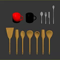 Essential Kitchen Utensils Set With Red Black Mugs Silver Cutlery And Wooden Tools