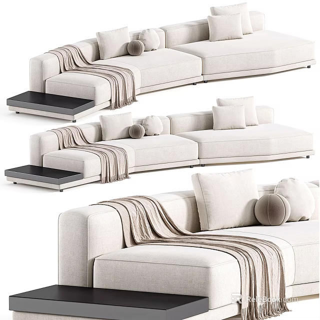 Modern Beige Sectional Sofa With Throw Pillows Blanket And Side Table 3d model