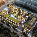 Aerial View of Commercial Street With Green Rooftops Night Lighting and Pedestrian Areas