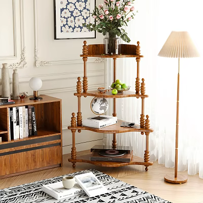 Decorative Wooden Corner Shelf with Multi Tier Design and Fruits Books Decorations in Living Room 3d model
