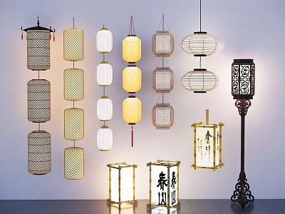 Traditional Chinese Lanterns in Various Styles Different Shapes Hanging and Floor Standing with Patterns 3d model