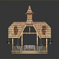 Wooden Pavilion Design With Tiled Roof Pagoda Top Columns Railing And Hanging Plants