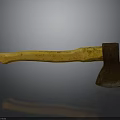 Rusty Axe With Yellow Wooden Handle And Metal Head On Dark Reflective Surface
