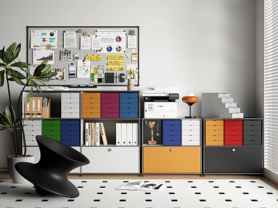 Colorful Drawer File Cabinets In Modern Office With Printer Books And Green Plant 3d model