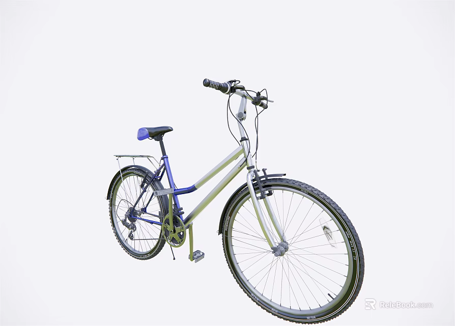Light Yellow And Blue Bicycle With Black Handlebars Rear Rack And Tires 3d model 